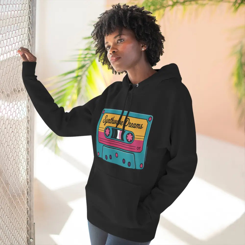 Black hooded sweatshirt with colorful cassette tape graphic, machine wash max 30c, cozy streetwear