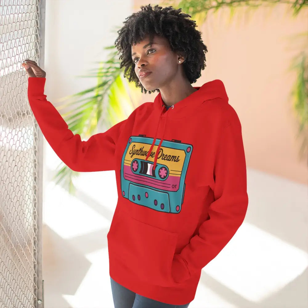Red hoodie with colorful cassette tape graphic, machine washable, perfect for music lovers