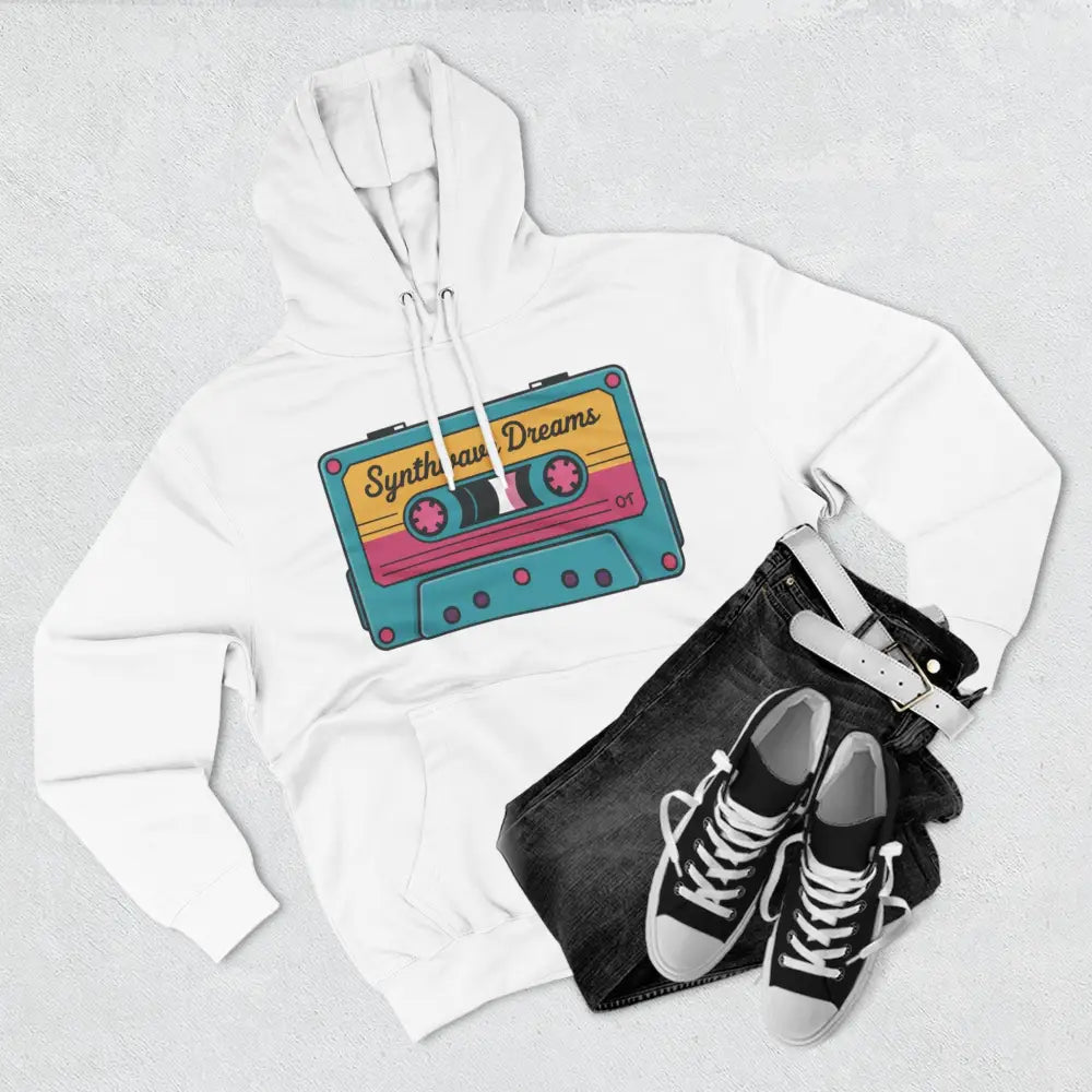 White hooded sweatshirt with colorful cassette tape graphic, machine washable, low heat safe