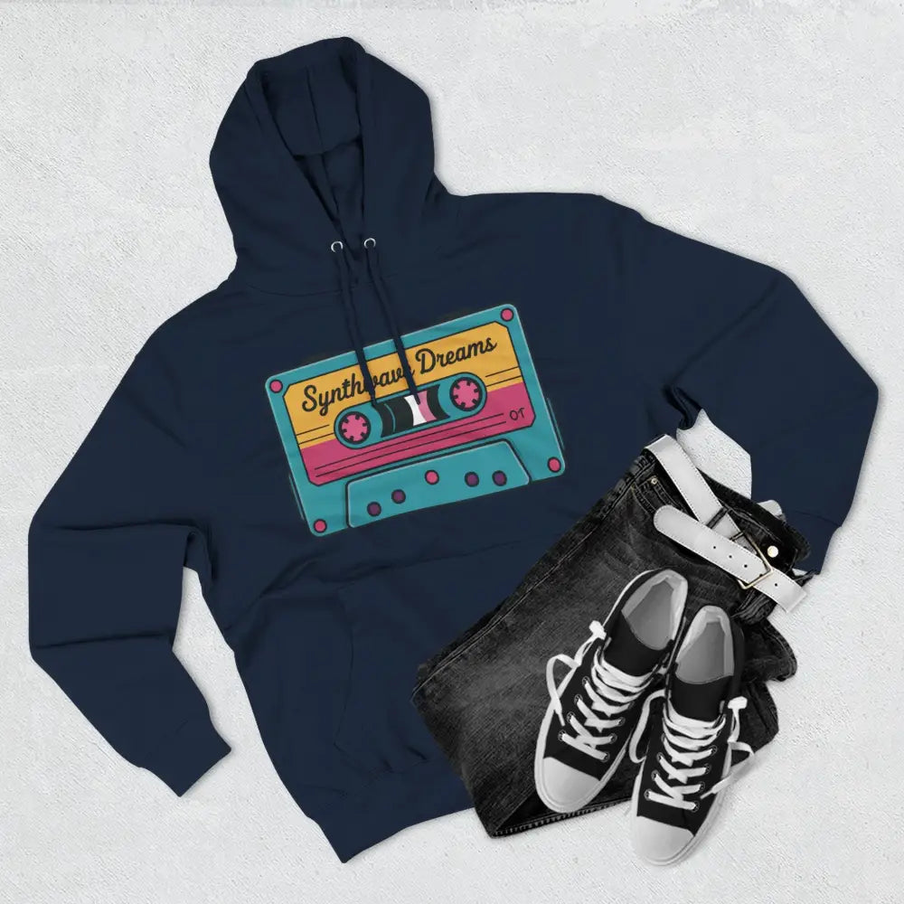 Navy blue Retro Synthwave Hoodie with colorful cassette tape graphic, machine washable at max 30c