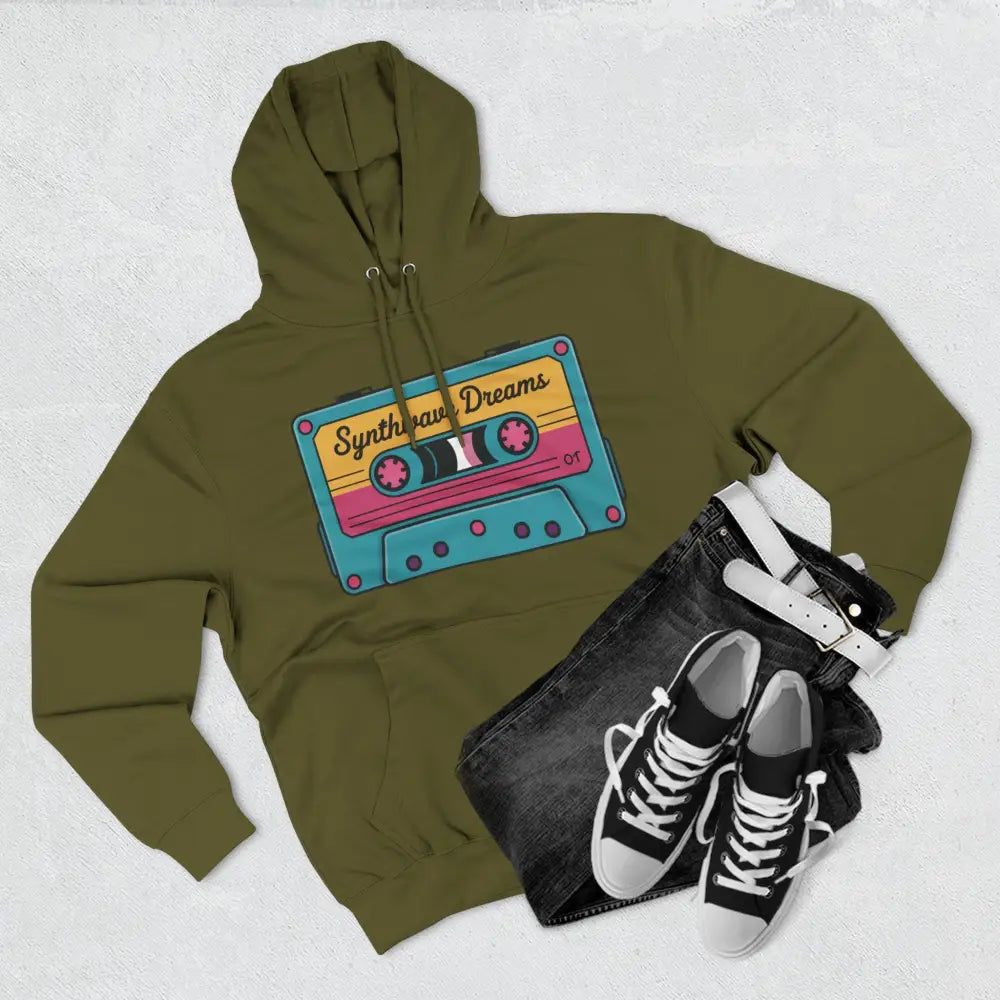 Olive green Retro Synthwave hoodie with colorful cassette tape graphic, machine washable max 30c
