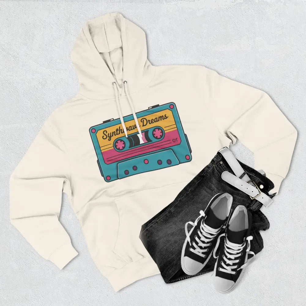 Cream-colored hoodie with retro cassette tape graphic, machine washable, low heat care
