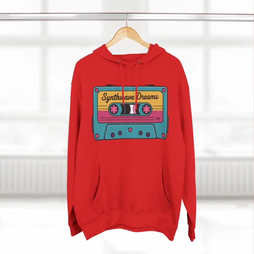 Red hoodie with retro cassette tape graphic, cozy vintage music streetwear, machine wash max 30c
