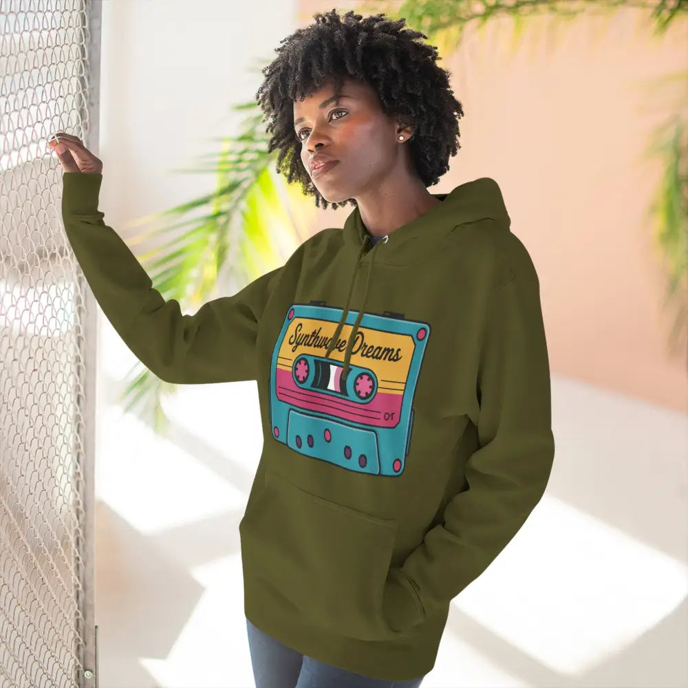 Olive-green Retro Synthwave hoodie with colorful cassette tape graphic, machine wash max 30c