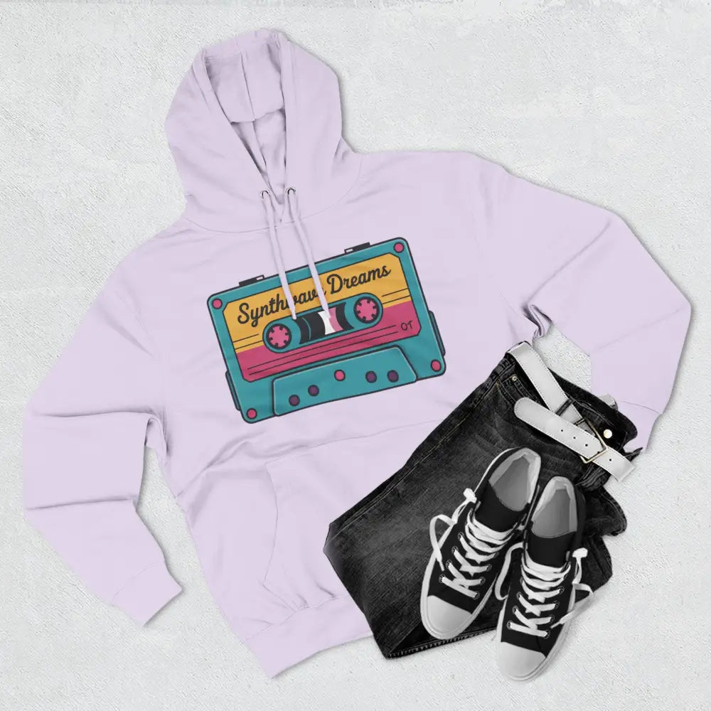 Light purple retro cassette hoodie with vintage music graphic, machine wash max 30C
