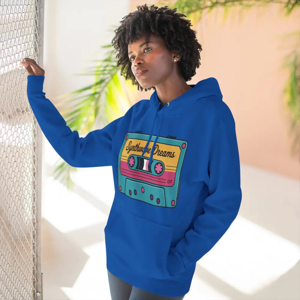 Woman in royal blue hoodie with colorful cassette tape graphic, machine wash max 30c