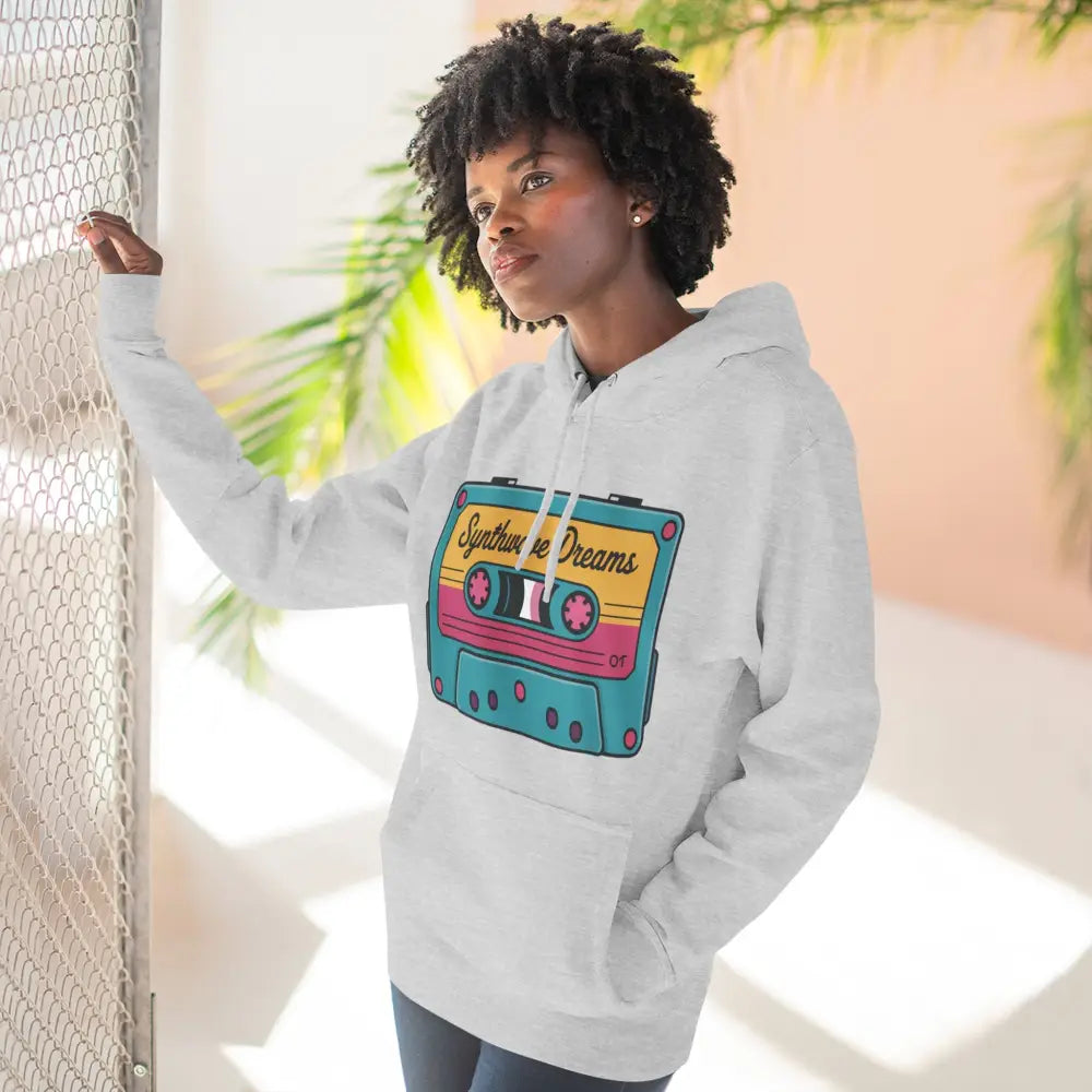White hoodie with colorful cassette tape graphic, machine wash max 30c, casual streetwear