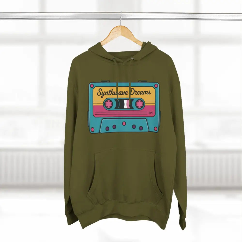Green hoodie with colorful cassette tape graphic, machine wash max 30c, casual streetwear