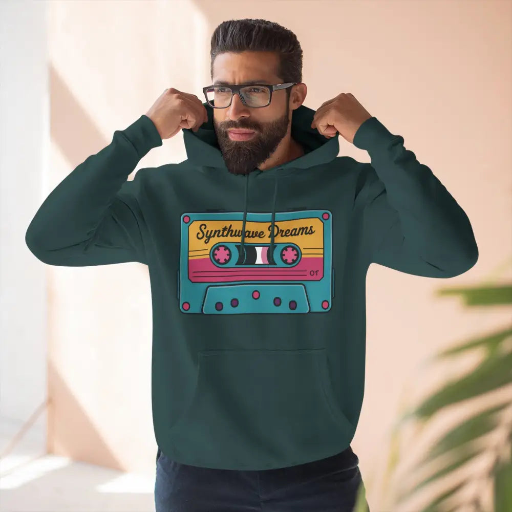 Dark teal Retro Synthwave unisex hoodie with colorful cassette tape graphic, machine wash max 30c