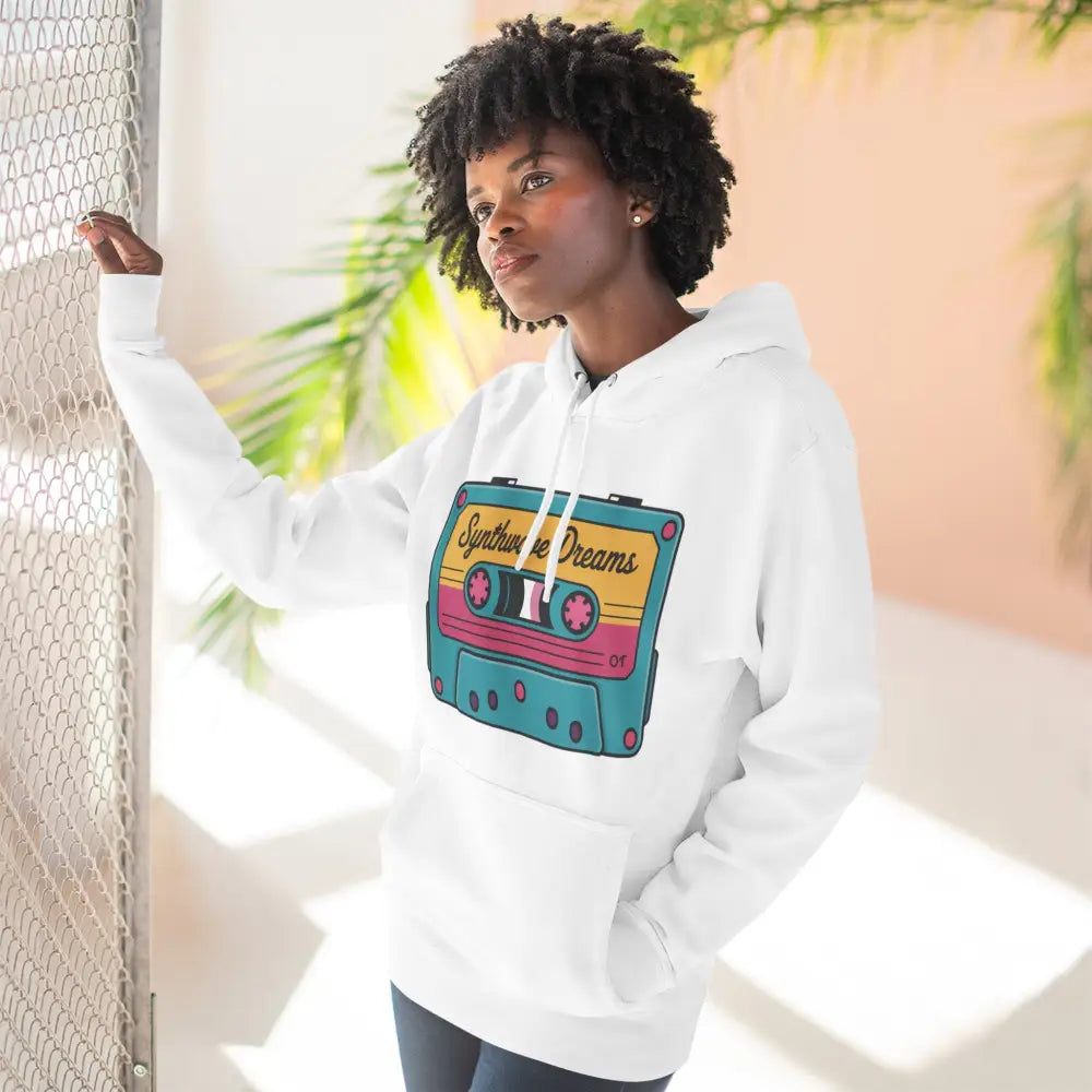 White hooded sweatshirt with retro cassette tape graphic, machine washable, max 30C