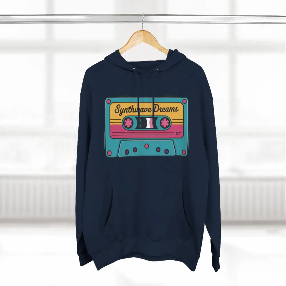 Navy blue retro cassette tape graphic hoodie, cozy streetwear, machine wash max 30c