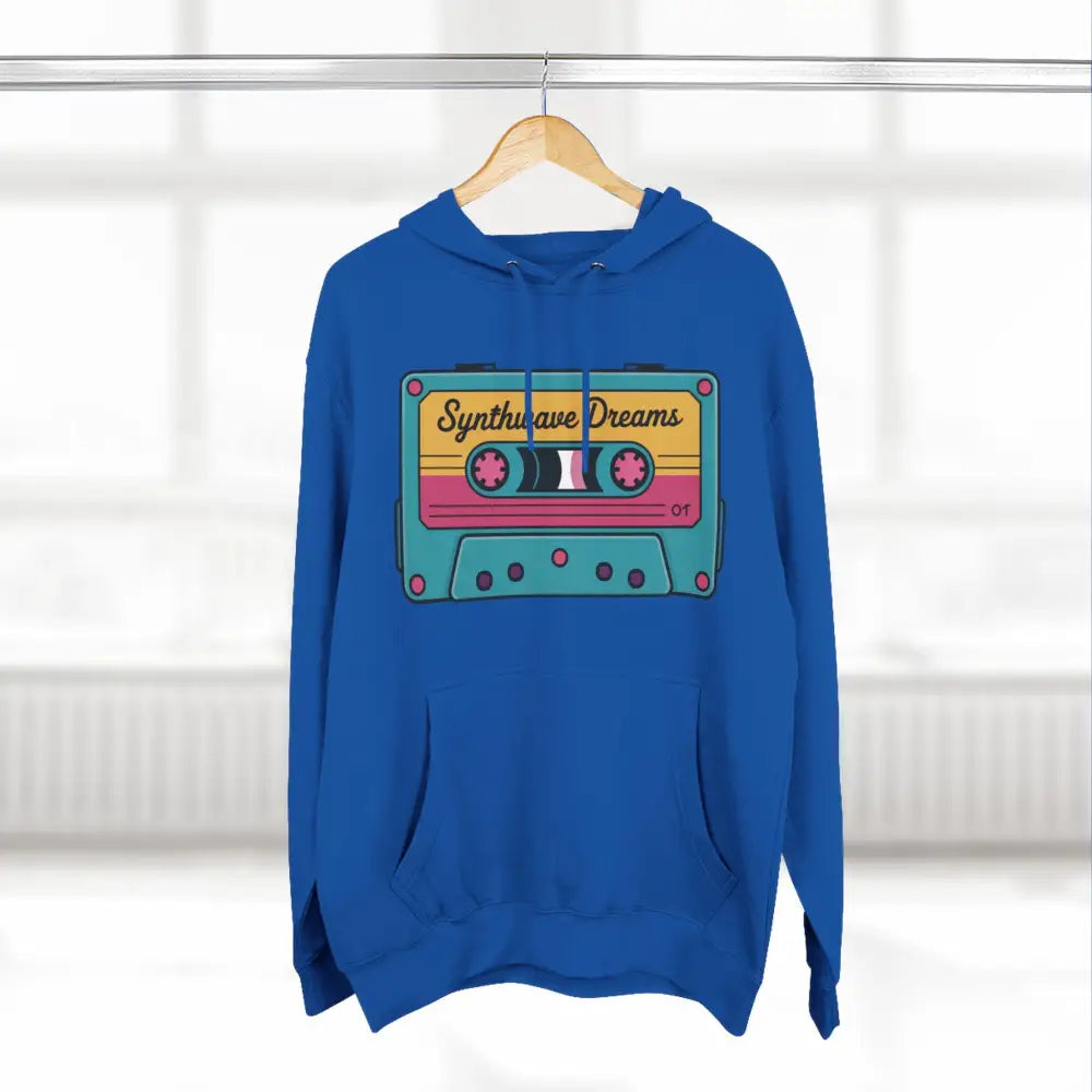 Blue hoodie with retro cassette tape graphic, perfect for music lovers, machine washable at max 30C