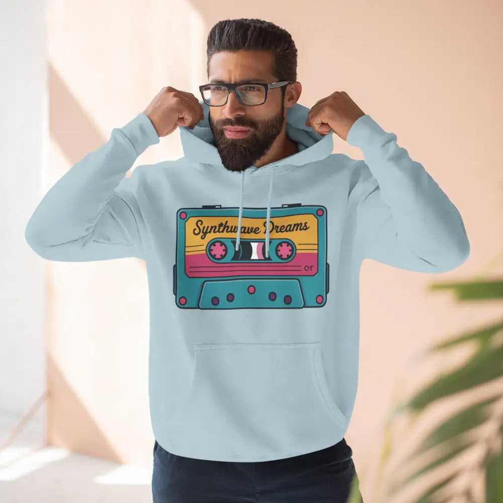 Light blue Retro Synthwave hoodie with cassette tape graphic, machine washable at max 30c