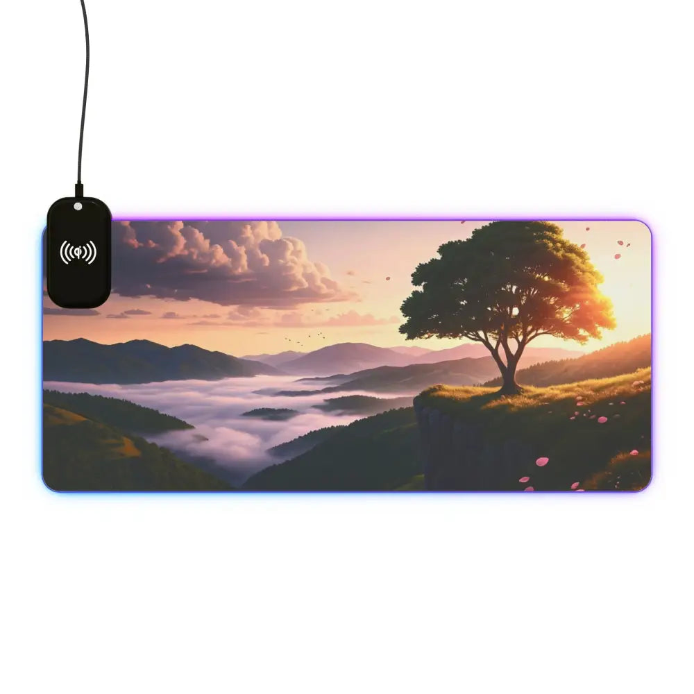 Illuminated landscape mousepad with RGB lighting for wireless charging, The Edge of Dawn