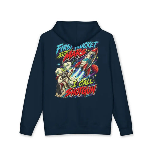 Dark blue rocket retro unisex hoodie with vibrant mars launch graphic fleece lined hood and roomy kangaroo pocket cotton blend