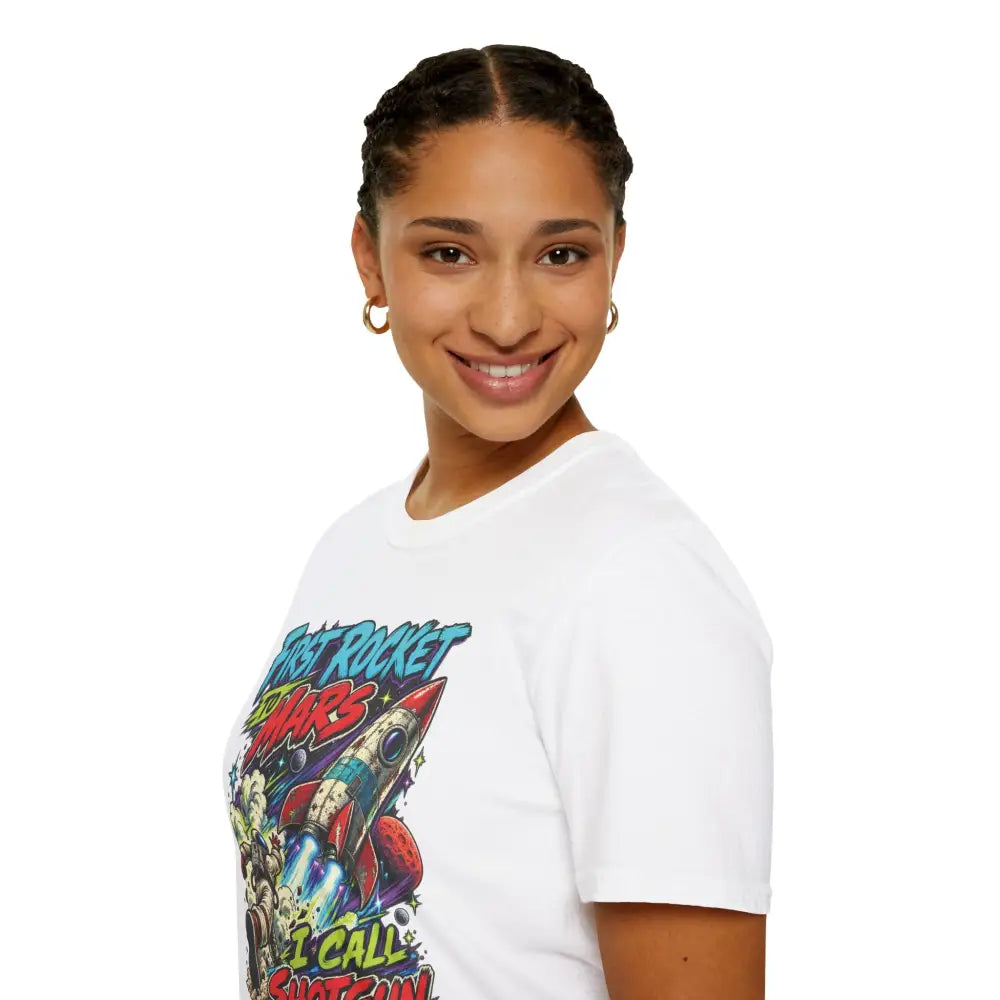 White cotton rocket to mars unisex t-shirt with colorful retro graphic and care instructions tumble dry low heat