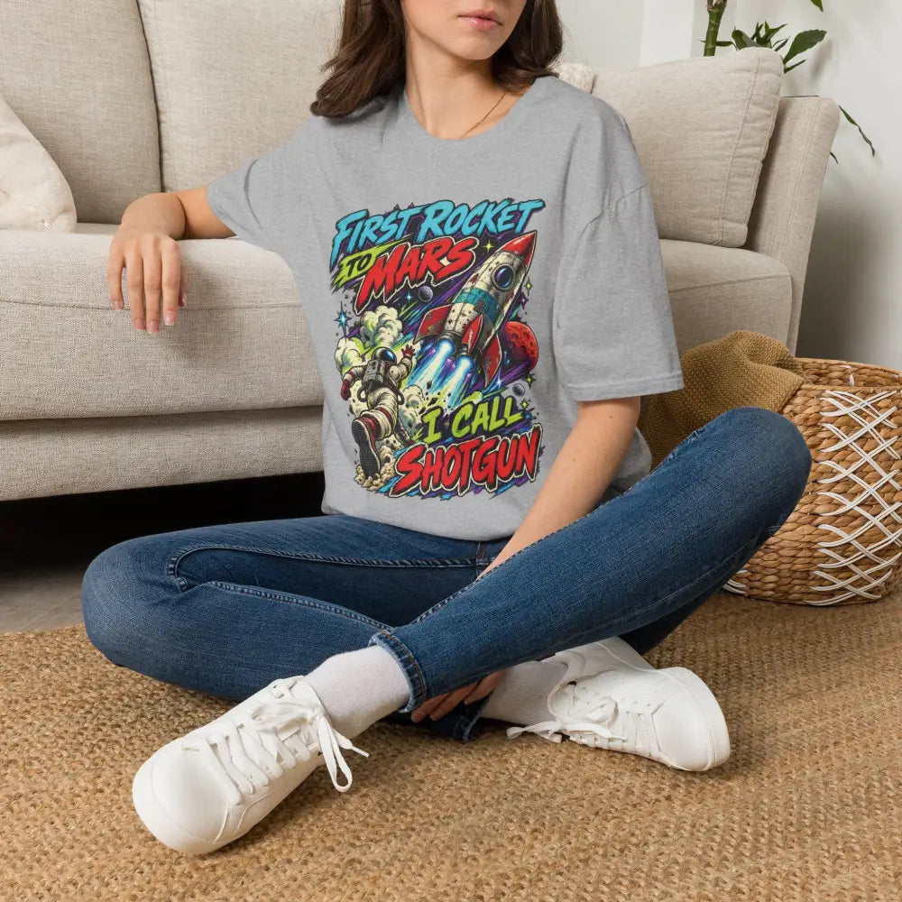 Gray rocket to mars unisex t-shirt with colorful rocket graphic and text recommended tumble dry low heat care instructions