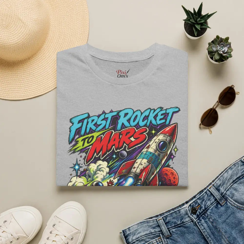 Gray cotton rocket to mars unisex t-shirt with retro graphic and bold text low heat wash tumble dry care instructions
