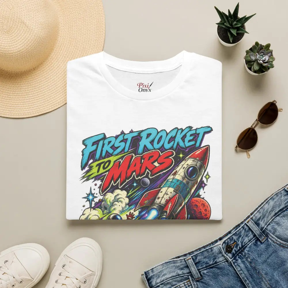 White cotton rocket to mars unisex t-shirt with vibrant comic graphic and care instructions for low heat tumble dry