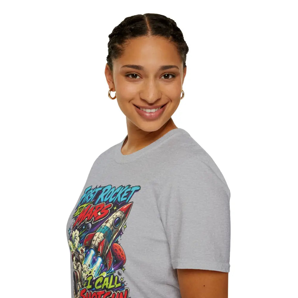 Gray cotton rocket to mars unisex t-shirt with vibrant comic graphic and care instructions for low heat tumble dry