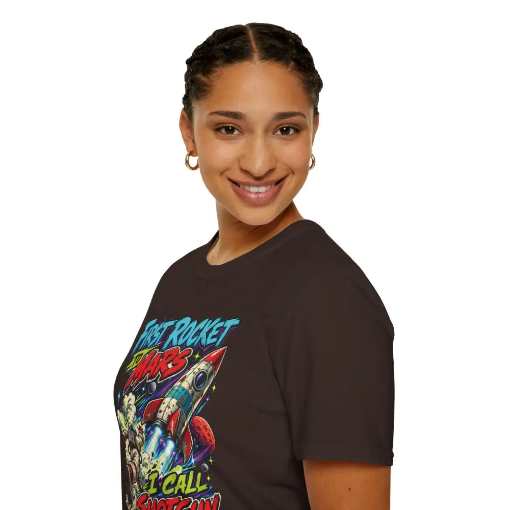 Dark brown cotton rocket to mars unisex t-shirt with vibrant graphic and care instructions low heat tumble dry recommended