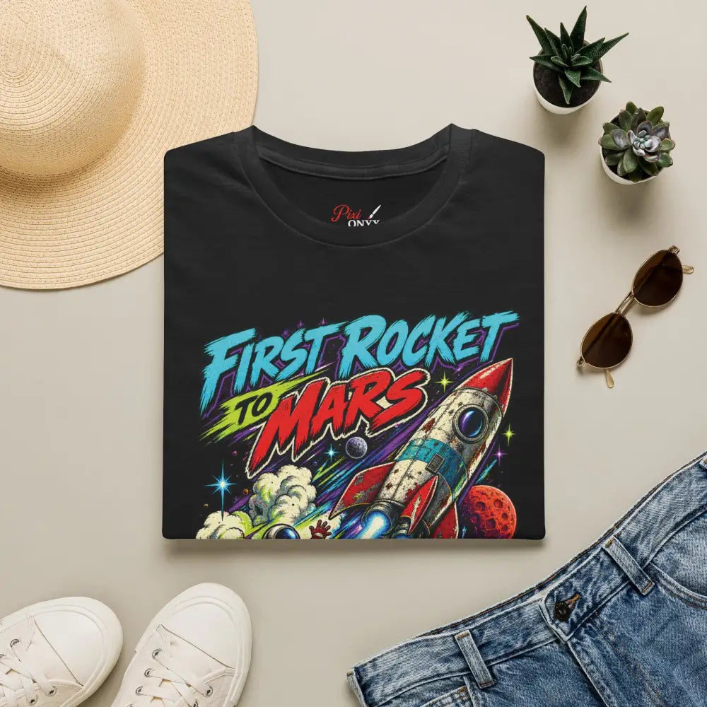 Black cotton rocket to mars unisex t-shirt with retro space graphic and bold blue red lettering low heat tumble dry care instructions