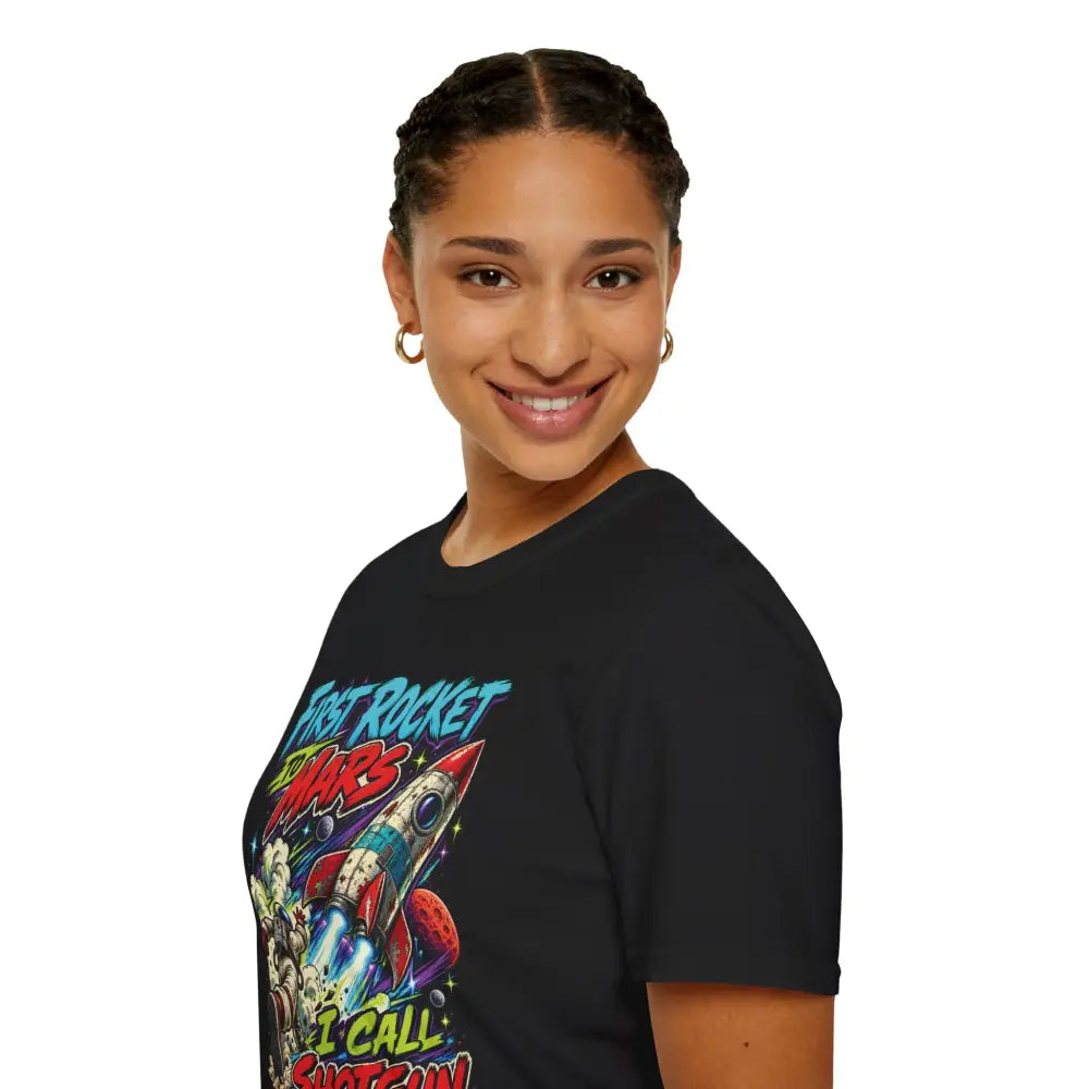 Black unisex t-shirt with retro rocket to mars graphic featuring fast rocket to mars and i call shotteam text low heat tumble dry care instructions