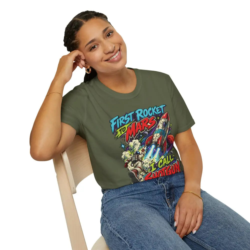 Olive green unisex short sleeved rocket to mars t-shirt with colorful astronaut graphic care instructions low heat tumble dry