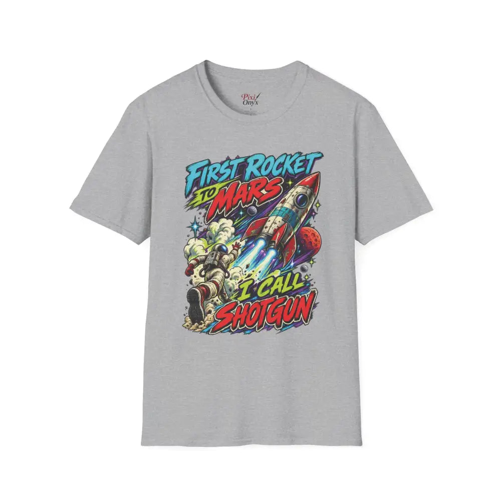 Gray cotton rocket to mars unisex t-shirt with vibrant comic rocket graphic and care instructions low heat tumble dry
