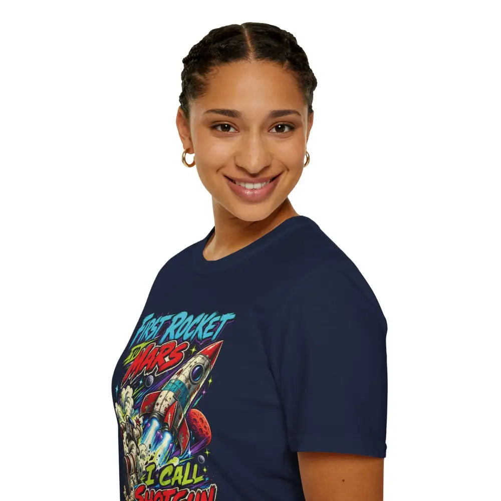 Navy blue rocket to mars unisex t-shirt with vibrant comic rocket graphic and bold text includes low heat care instructions tumble dry