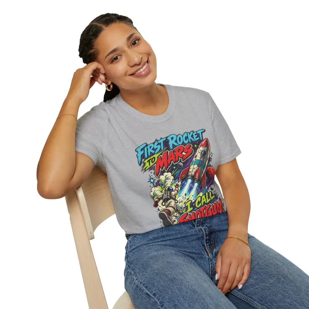 Gray cotton rocket to mars unisex t-shirt with colorful comic graphic and first rocket to mars text low heat tumble dry care instructions