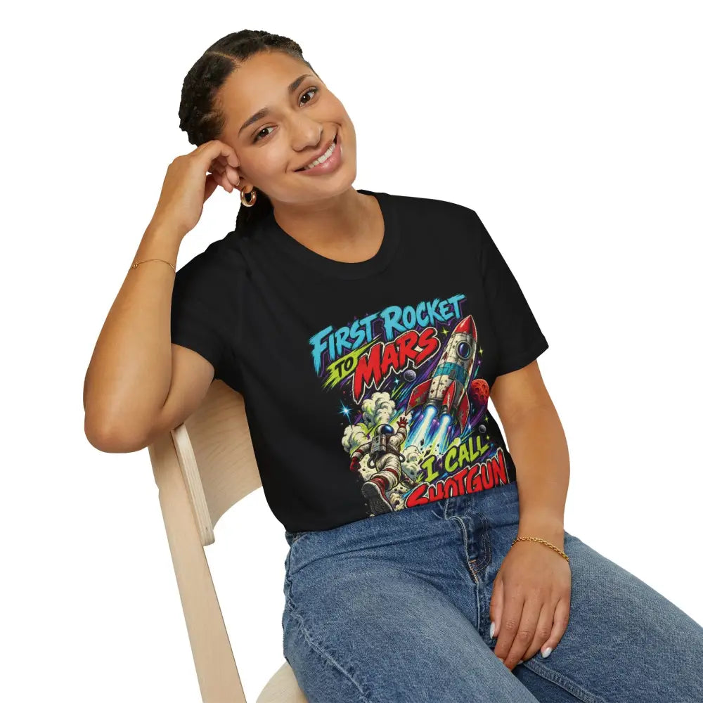 Black cotton rocket to mars unisex t-shirt with vibrant graphic and care instructions for low heat tumble dry