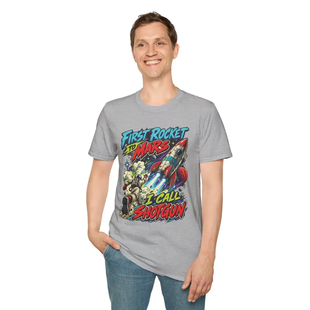 Gray cotton rocket to mars unisex t-shirt featuring colorful cartoon rocket design with care instructions to tumble dry low heat
