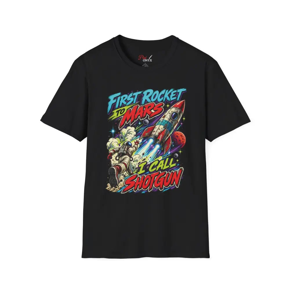 Black cotton rocket to mars unisex t-shirt with retro space graphic and bold colorful text, care instructions recommend low heat tumble dry