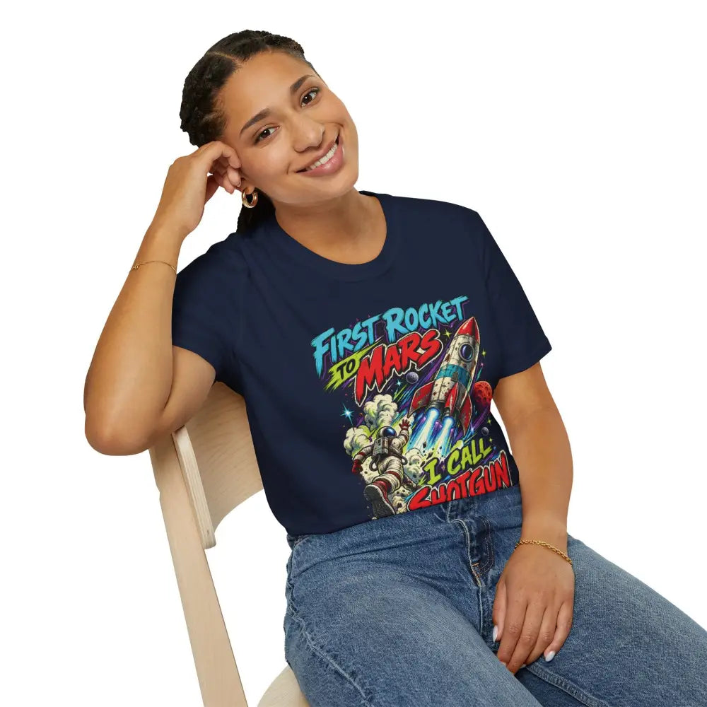 Navy blue cotton rocket to mars unisex t-shirt with vibrant cartoon design and colorful stylized lettering low heat tumble dry care instructions