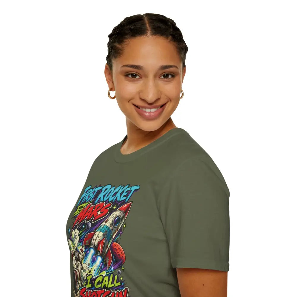 Olive green cotton rocket to mars unisex t-shirt with colorful space graphic low heat tumble dry care instructions