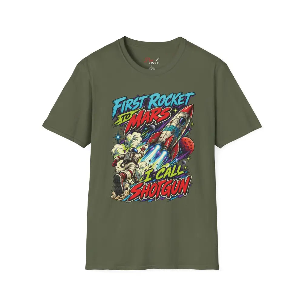 Olive green short-sleeved rocket to mars unisex t-shirt with vibrant graphic and first rocket to mars text low heat tumble dry care instructions
