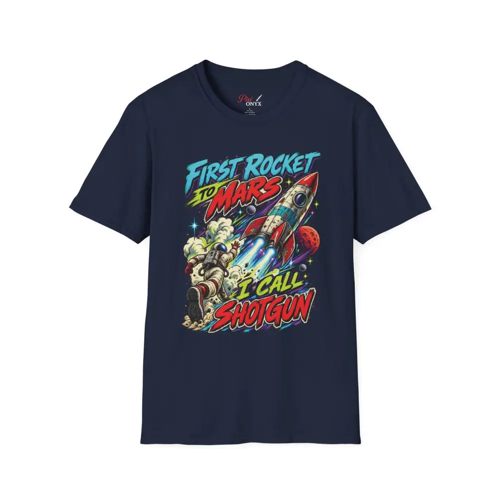 Navy blue rocket to mars unisex t-shirt with retro astronaut graphic and bold colorful text low heat tumble dry care instructions
