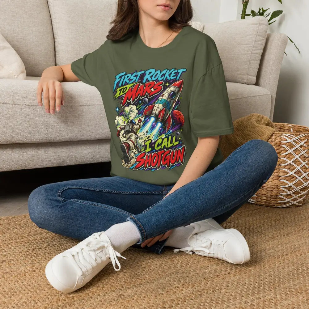 Olive green cotton rocket to mars unisex t-shirt with colorful graphic and care instructions low heat tumble dry