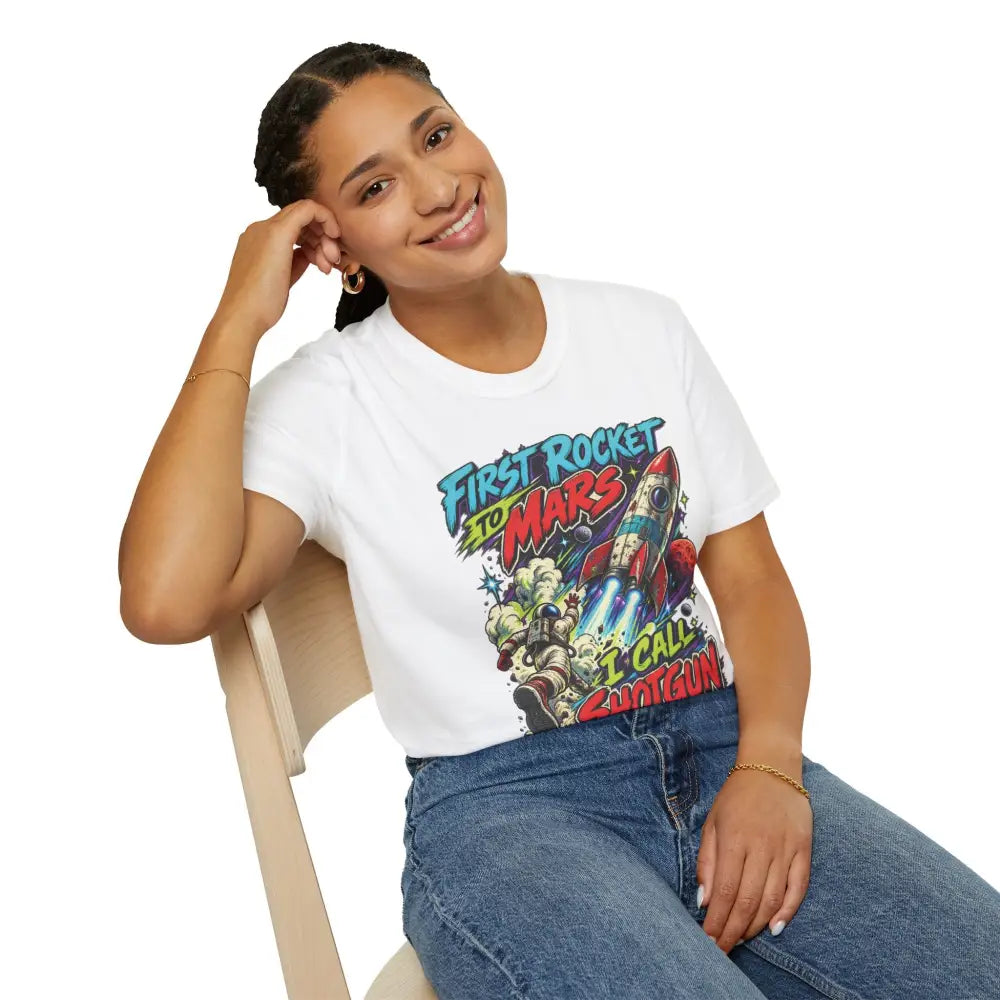 White cotton rocket to mars unisex t-shirt with colorful graphic and bold text low heat tumble dry care instructions