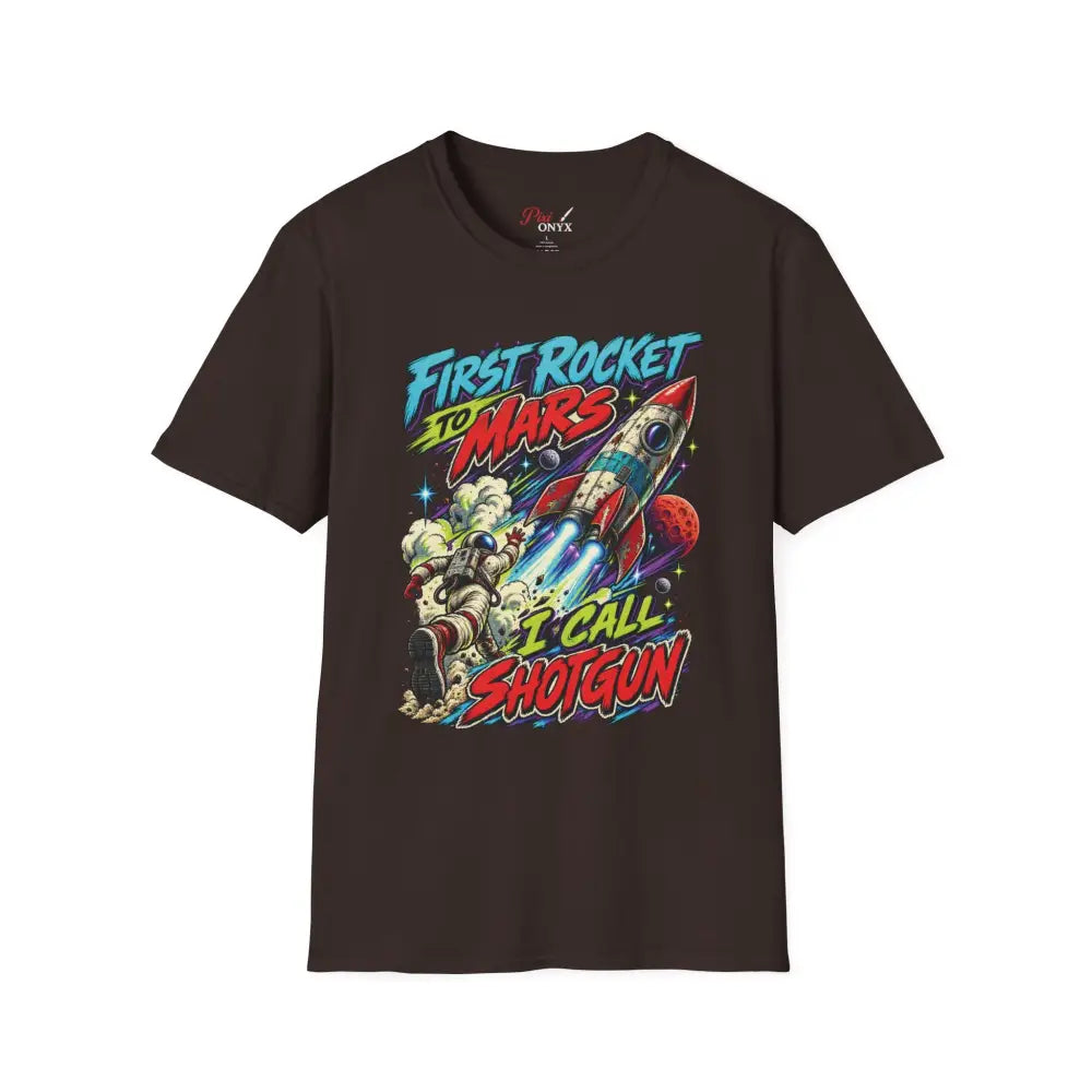 Dark brown short-sleeved Rocket to Mars unisex t-shirt with vibrant graphic and care instructions for low heat tumble dry