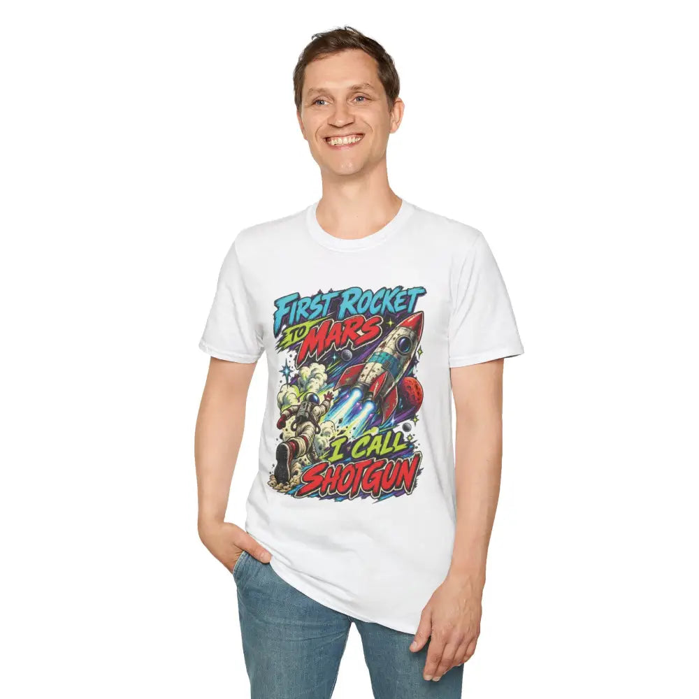 White cotton rocket to mars unisex t-shirt with colorful graphic and care instructions for low heat tumble dry
