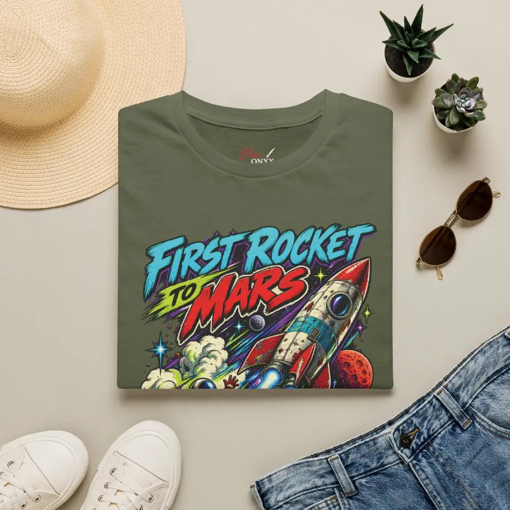 Olive green rocket to mars unisex t-shirt with vibrant cartoon rocket design and care instructions for low heat tumble dry