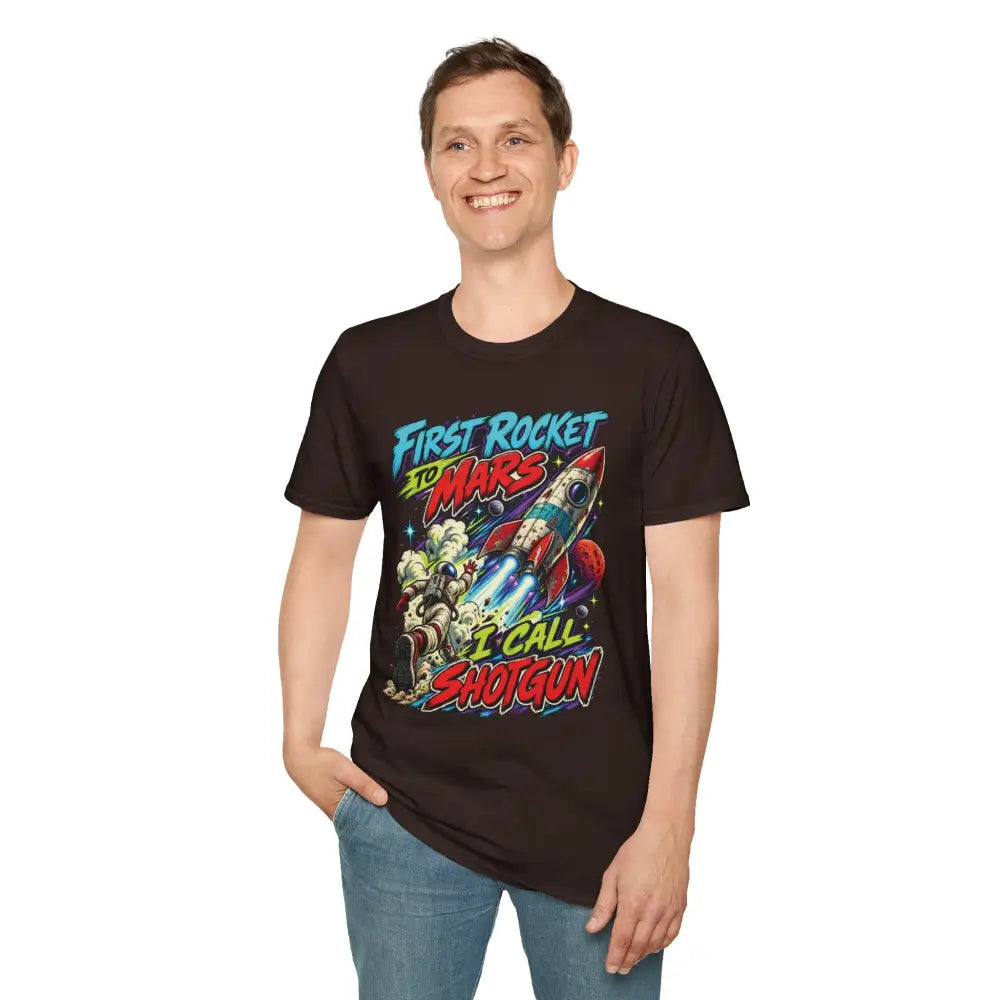 Black rocket to mars unisex t-shirt with colorful graphic and text featuring care instructions low heat tumble dry