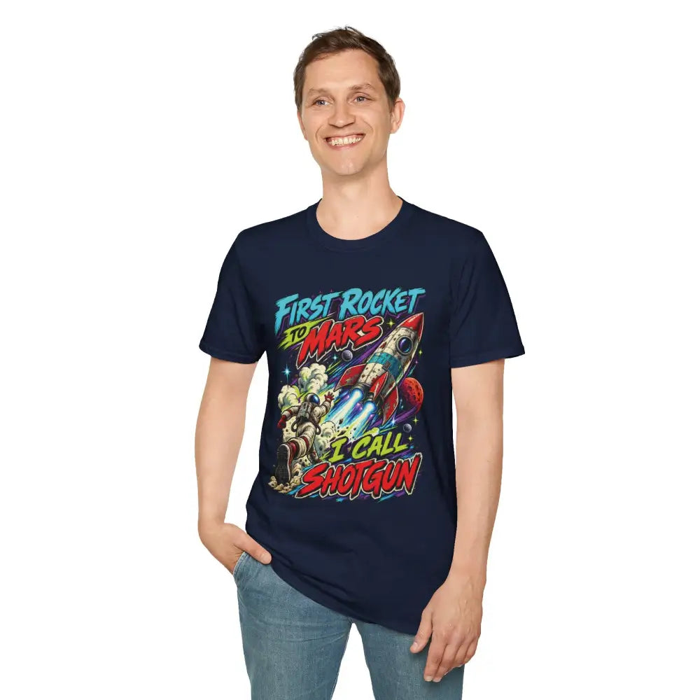Navy blue rocket to mars unisex t-shirt with colorful graphic and stylized text; low heat tumble dry care instructions