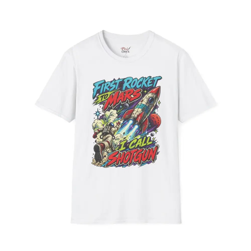 White cotton rocket to mars unisex t-shirt with retro graphic and text recommends low heat tumble dry care instructions