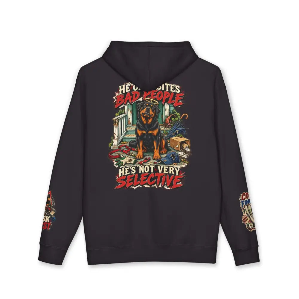 Black unisex hoodie with rottweiler graphic and red white text featuring ribbed cuffs and tear away label care instructions