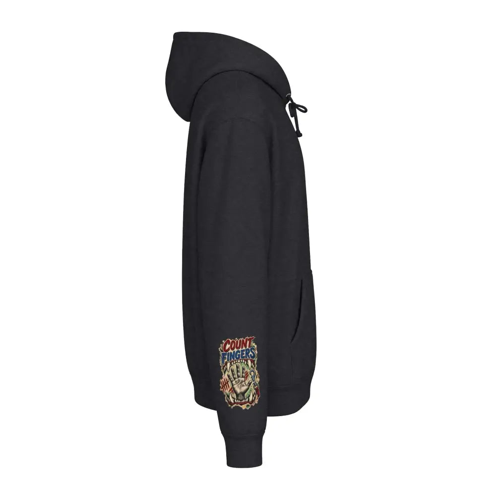 Black unisex hoodie with ribbed cuffs and tear away label featuring colorful count fingers graphic on left sleeve and care instructions