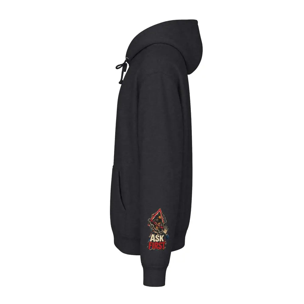 Black unisex hoodie with colorful ask first graphic on left sleeve ribbed cuffs tear away label and care instructions