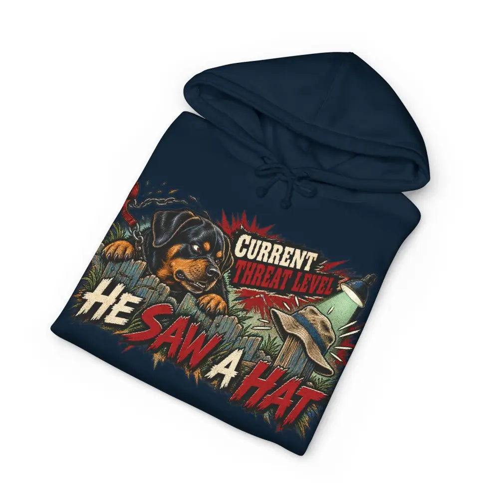 Navy blue unisex hoodie with rottweiler graphic he saw a hat text ribbed cuffs tear-away label and care instructions